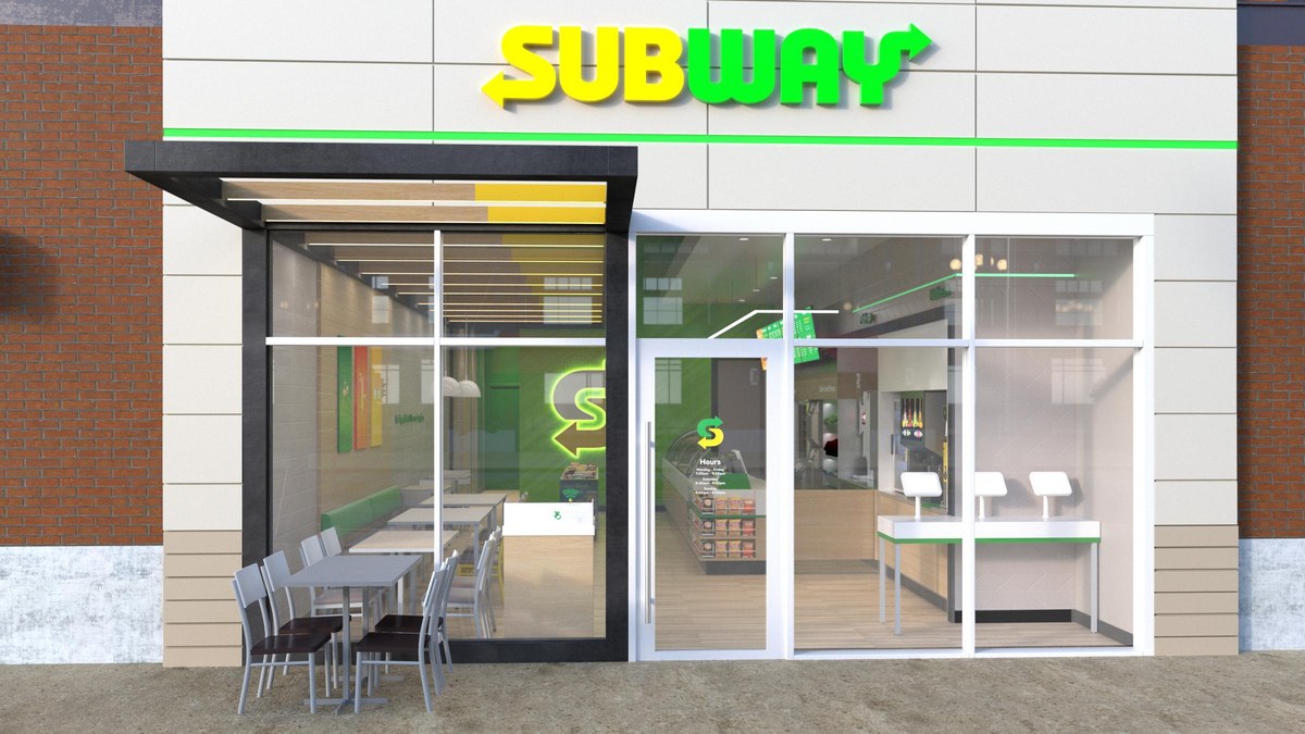 Architectural rendering of a Subway store design, showing the storefront and interior seating area.